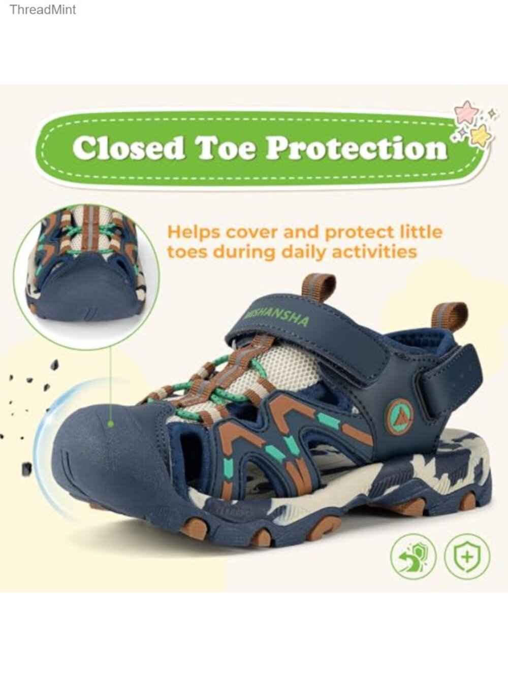 Kids Closed Toe Athletic Sport Sandals | Hook & Loop Adjustable | Quick-Dry PU - Picture 2 of 6
